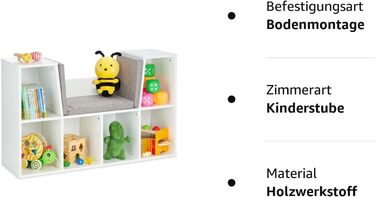 Relaxdays Bücherregal mit Sitzkissen, Kinderregal mit 6 Fächern, 63x103x30 cm, gepolstert, Sitzbank Kinderzimmer, weiß
