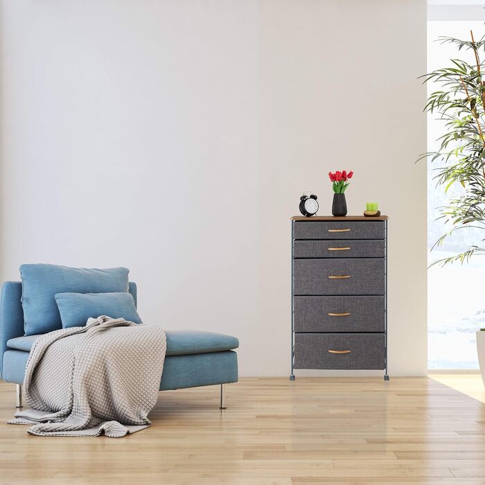 Relaxdays Roll-Schubladenschrank, 6 Stoffschubladen, Holzoptik, 74,5x58x30 cm, grau (Design C)