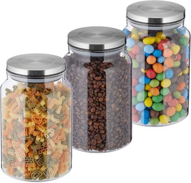 Relaxdays Vorratsgläser, 3er Set, 1500 ml, luftdicht, transparent/silber
