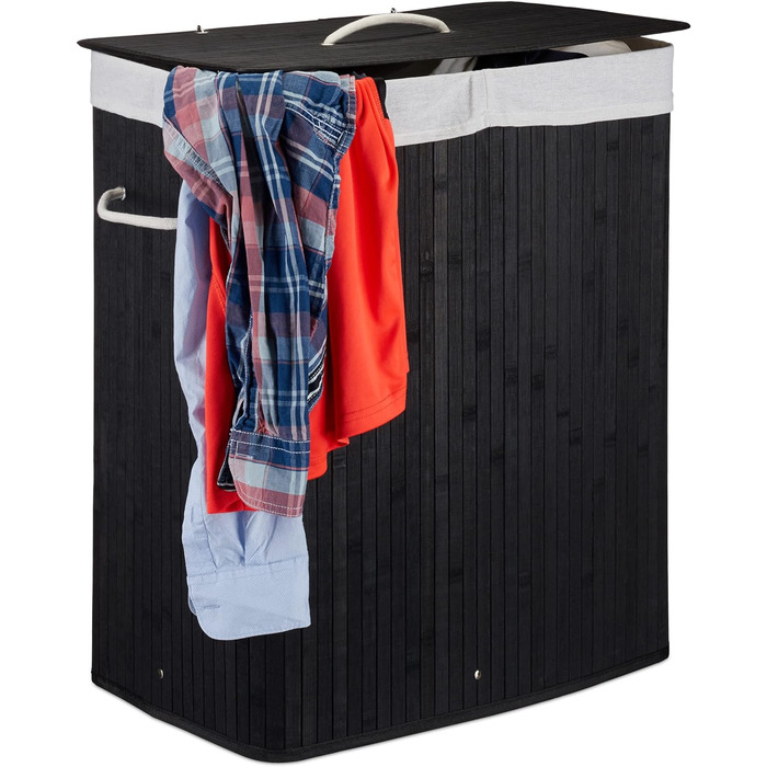 Relaxdays Wäschekorb Bambus, 2 Fächer, 95 l, faltbar, schwarz