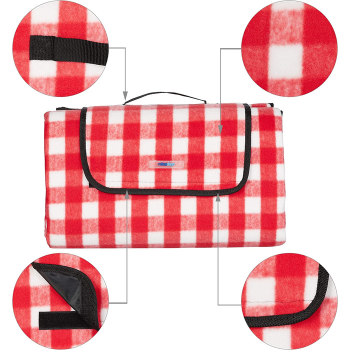 Relaxdays XXL Picknickdecke, 200 x 200 cm, Fleece Stranddecke, wärmeisoliert, wasserdicht, mit Tragegriff, rot/weiß