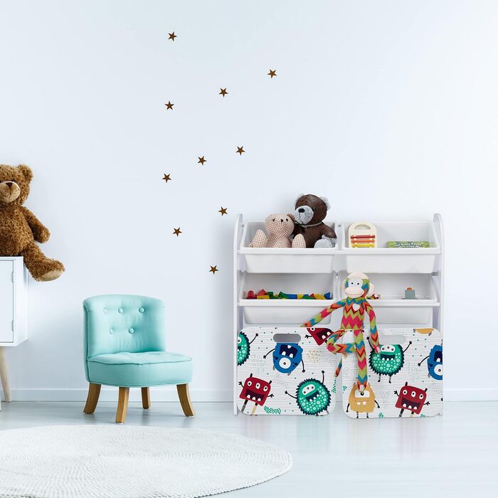 Relaxdays Kinderregal mit 6 Boxen, Monster-Design, 2 Kisten mit Rollen, HBT: 80,5x82,5x30 cm, Regal für Spielzeug, weiß, 10037512_0