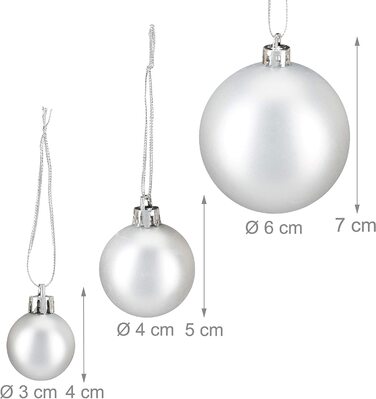 Relaxdays Weihnachtskugeln, 100er Set, Weihnachtsdeko, matt, glänzend, glitzernd, Christbaumkugel ∅ 3, 4 & 6 cm, (Silber)