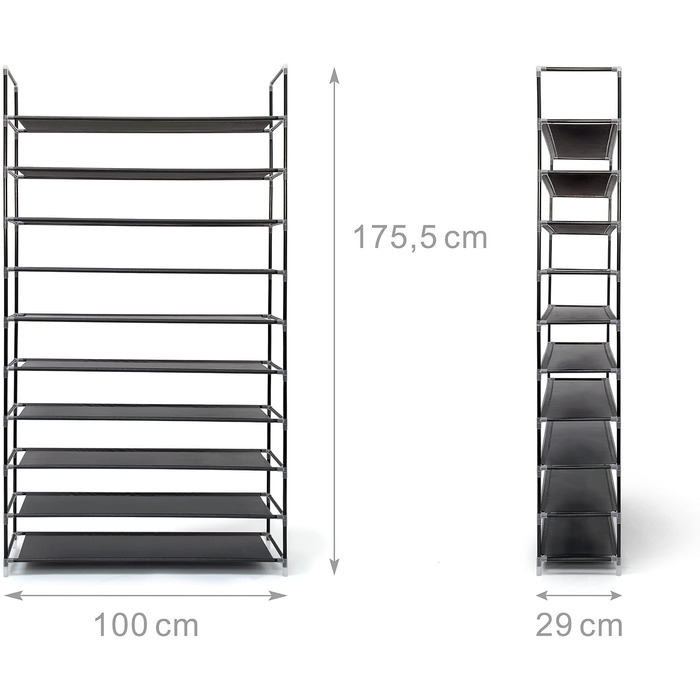 Relaxdays Schuhregal Stoff, HBT: 175,5x100x29 cm, für 50 Paar Schuhe, 10 Etagen, Stecksystem, XXL Schuhgestell, schwarz