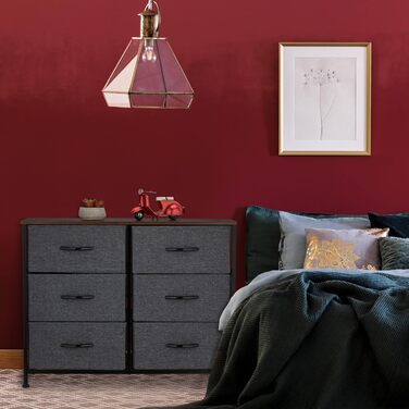 Relaxdays Kommode, 63x80x30 cm, Metall & Holzoptik, 6 Stoff-Schubladen, Moderne Beistellkommode, Mehrfarbig