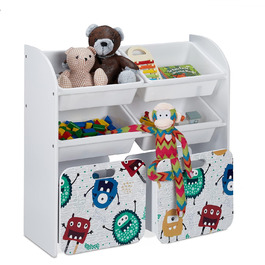 Relaxdays Kinderregal mit 6 Boxen, Monster-Design, 2 Kisten mit Rollen, HBT: 80,5x82,5x30 cm, Regal für Spielzeug, weiß, 10037512_0