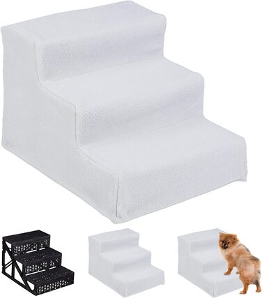 Relaxdays Hundetreppe 3 Stufen, kleine & große Hunde, Bett & Couch, Stoffbezug, Tiertreppe innen, HBT: 30x35x45 cm, weiß weiß 30x35x45 cm (1er Pack)