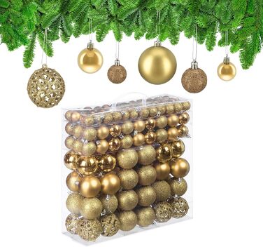 Relaxdays 150er Set Weihnachtskugeln, glitzernd/matt/glänzend, Kunststoff, ∅ 3/4/6 cm, Gold