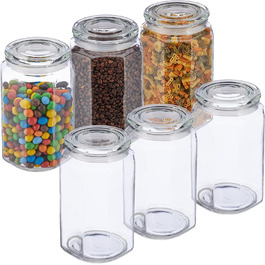 Relaxdays Vorratsgläser, 6er Set, 2,4 l, achteckige Dosen, luftdicht, transparent
