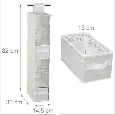 Relaxdays Hängeregal Stoff, 6 Fächer, 2 Schübe, für Kleiderschrank, HBT: ca. 82x14,5x30 cm, Weiß