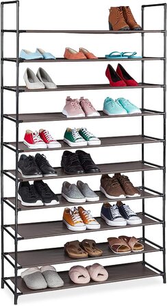 Relaxdays XXL Schuhregal Stecksystem, 10 Ebenen, für 50 Paar Schuhe, Stoff Schuhständer HBT 176,5x99x29,5 cm, braun