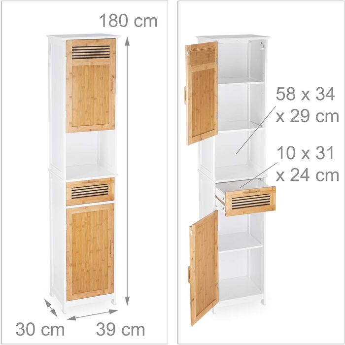 Relaxdays Badschrank, Weiß/Braun, 180x39x30 cm