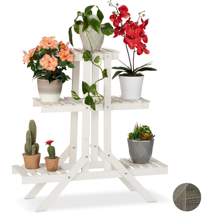Relaxdays Blumentreppe Holz, 3 Stufen, 5 Ablagen, Shabby Chic, HBT: 83x83x28 cm, Weiß