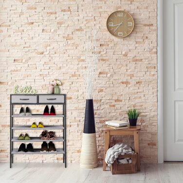 Relaxdays Schuhregal, 2 Schubladen, 4 Ablagen, 12 Paar Schuhe, offen, MDF, Stahl, HBT 95x72,5x35,5 cm, grau Design E
