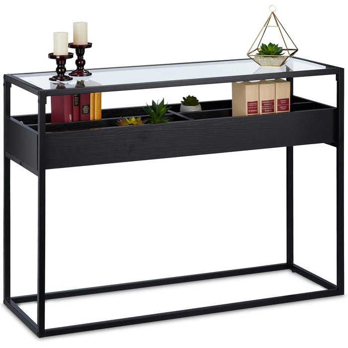 Relaxdays Konsolentisch, Glas Ablage, 4 Fächer, 80,5x110x40 cm, Metall, Flur & Wohnzimmer, schwarz