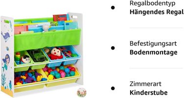 Relaxdays Kinderregal, 6 Boxen, 4 Stofffächer, Lagerfeuer Kindermotiv, Spielzeugregal HxBxT: 78 x 86 x 26,5 cm,  1 Stück (Meerjungfrau)
