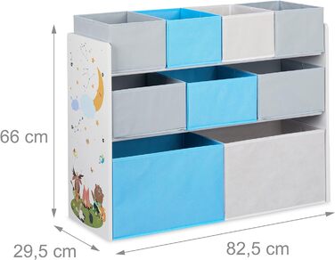 Relaxdays Kinderregal mit 9 Stoffboxen, Lagerfeuer Kindermotiv, Spielzeugregal Organizer HBT 66 x 82,5 x 29,5 cm, bunt