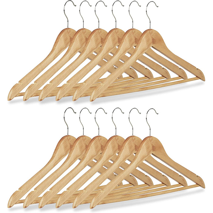 Relaxdays Kleiderbügel Set, 12 Hosenbügel aus Holz, Garderobenbügel, Haken 360° drehbar, HxB: 22,5x44,5cm, natur/silber