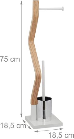Relaxdays WC Garnitur stehend, Holz und Stahl, Toilettenpapierhalter mit Bürste, HBT 75 x 18,5 x 18,5 cm, weiß/natur