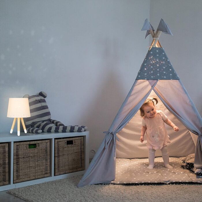 Relaxdays Kinderzimmer Tischlampe, Sterne, E14, runder Stoffschirm, 40 cm, Blau