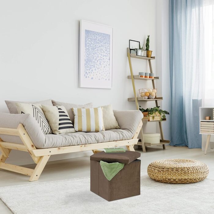 Relaxdays Sitzhocker, faltbar, 38x38x38 cm, Stauraum, MDF & Samt, Braun
