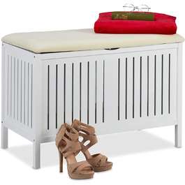 Relaxdays Sitzbank mit Stauraum, gepolstert, 80 l, Landhausstil, Holz, 56x78x39 cm, weiß
