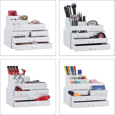 Relaxdays Make Up Organizer mit 4 Schubladen, Kosmetik Halter f. Nagellack u. Lippenstift, Make Up Kit aus Acryl, weiß, 14 x 23.5 x 19 cm