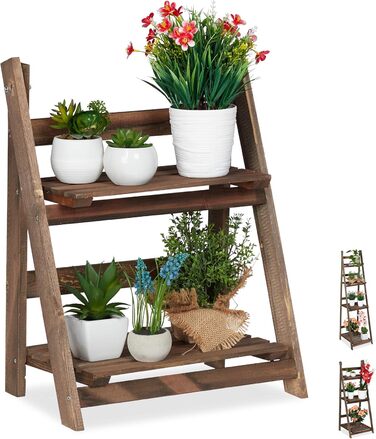 Relaxdays Blumentreppe, 2-stufig, klappbar, Holz, dunkelbraun, HBT: 51,5x41x24 cm