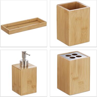 Relaxdays Bade-Set, 4-tlg., Bambus, Seifenspender, Becher, Halter, Schale