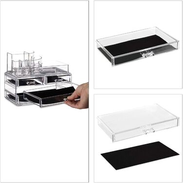 Relaxdays 1 x Make Up Organizer mit 4 Schubladen, Kosmetik Halter Nagellack u. Lippenstift, Acryl Make Up Kit, transparent