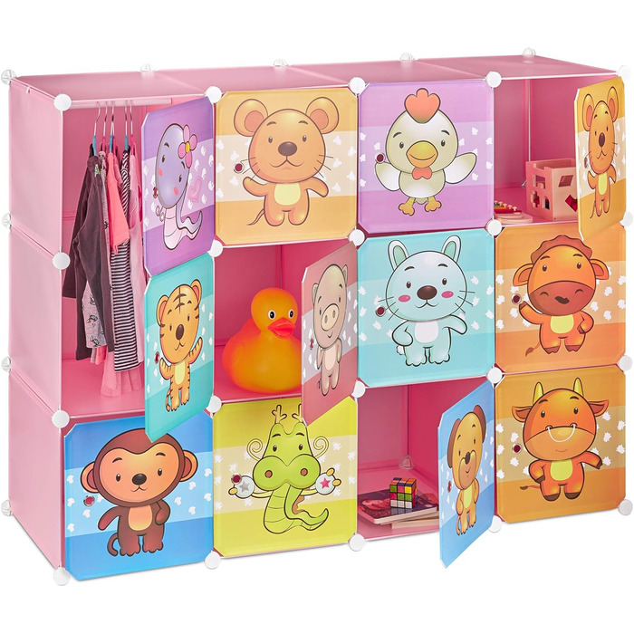 Relaxdays,  Steckregal Kinderzimmer, Tiermotive, Jungen, Türen, Kleiderstangen, Kunststoff Kleiderschrank, 145x110cm, 60%, Standard (Rosa)