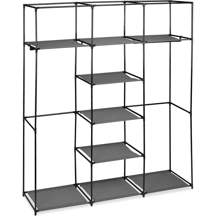Relaxdays Stoffschrank mit Kleiderstange & 9 Ablagen, HxBxT: 172x147x43cm, Kleiderschrank mit Reißverschluss, anthrazit
