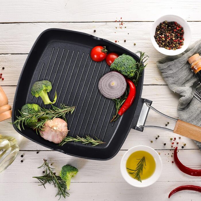 Relaxdays Grillpfanne, abnehmbarer Holzgriff, antihaftbeschichtet, BBQ Bratpfanne mit Rillen, Aluminium, schwarz, 5.5 x 51 x