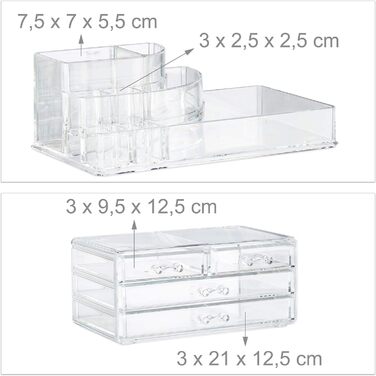 Relaxdays 1 x Make Up Organizer mit 4 Schubladen, Kosmetik Halter Nagellack u. Lippenstift, Acryl Make Up Kit, transparent
