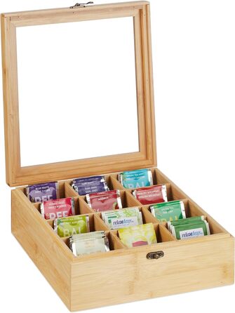Relaxdays Teebox, 12 Fächer, Bambus, 9,5x26,5x28,5 cm, Tee & Kaffeepads, Deckel, Natur