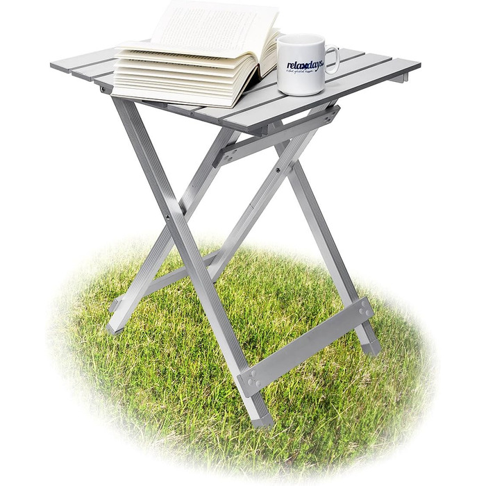 Relaxdays Klapptisch, wetterfest, Beistelltisch HBT: 61 x 49,5 x 47,5 cm für den Garten, robustes Aluminium, silber