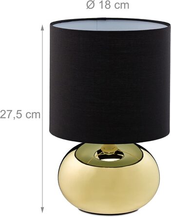 Relaxdays Tischlampe, runde Nachttischlampe mit Touch, HxD: 27,5 x 18 cm, E14, Tischleuchte mit Stoffschirm, (Gold/Schwarz)