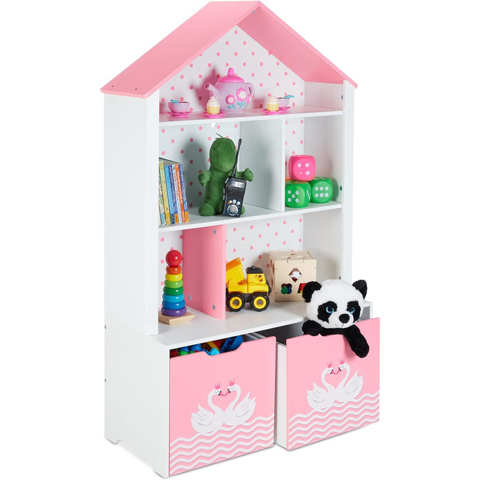 Relaxdays Kinderregal, Schwan, 5 Fächer, 2 Rollboxen, HBT: 128x75x34 cm, Hausform, Spielzeug Aufbewahrung, weiß/rosa