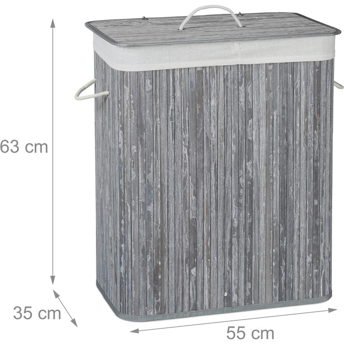 Relaxdays Wäschekorb Bambus, rechteckig, 2 Fächer, 95 l, faltbar, mit Deckel, (Grau)