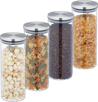 Relaxdays Vorratsgläser 4er Set, 1,3 L, luftdicht, Edelstahldeckel, Vorratsdose für Küche, Nudelglas