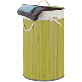 Relaxdays Wäschekorb Bambus, faltbar, 70 l, Wäschesack Baumwolle, rund Ø 41 cm, mit Deckel, grün
