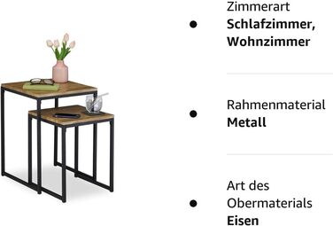 Relaxdays, stapelbar, Satztisch 2 Größen, quadratisch, Metall, Holzoptik/schwarz, Eisen, Beistelltisch 2er-Set im Industrie-Design