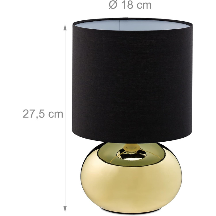 Relaxdays Tischlampe, runde Nachttischlampe mit Touch, HxD: 27,5 x 18 cm, E14, Tischleuchte mit Stoffschirm, (Gold/Schwarz)