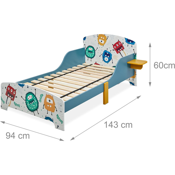 Relaxdays Kinderbett, HBT: 60x94x143 cm, Kleinkindbett mit Ablage, Rausfallschutz, Lattenrost, Monster-Motiv, MDF, bunt