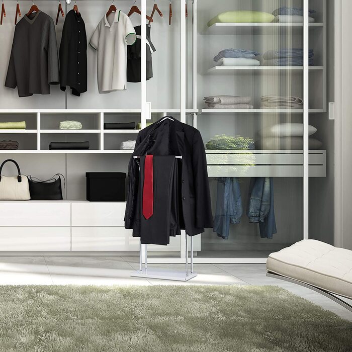 Relaxdays Herrendiener, für Anzug & Hose, Holz Metall Mix, Schlafzimmer, Kleiderbutler, 110 x 46 x 19 cm, Silber/braun, 1 Stü