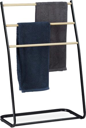 Relaxdays Handtuchhalter, Metall, 3 Sprossen, Holzoptik, HxBxT 86x58x30 cm, schwarz