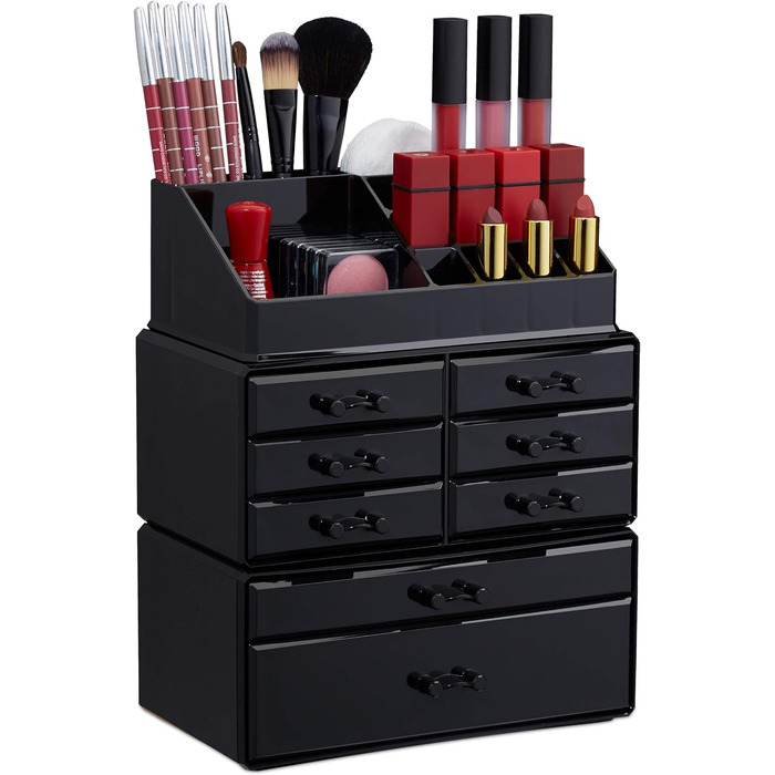 Relaxdays  x Make Up Organizer mit Schubladen, stapelbarer Schmuckkasten für Make Up, Acryl Schminkaufbewahrung,     Stück (1, Schwarz, 1 Stück)