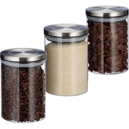Relaxdays Vorratsglas 3er Set, 600ml, luftdicht, Edelstahl Deckel, für Müsli, Reis & Tee, 14x9.5x9.5 cm