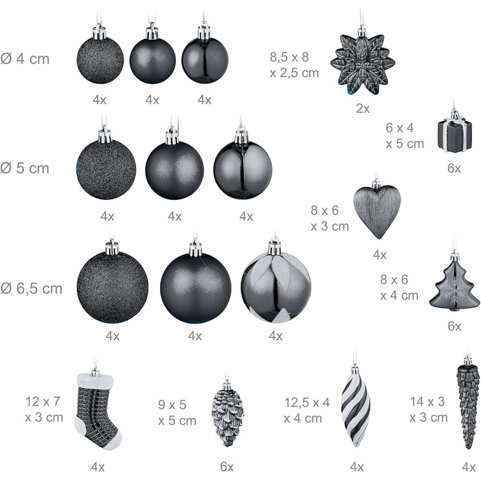 Relaxdays Weihnachtskugeln 72er Set, glitzernd/matt/glänzend, Baumkugeln/Stiefel/Herz/Zapfen, schwarz
