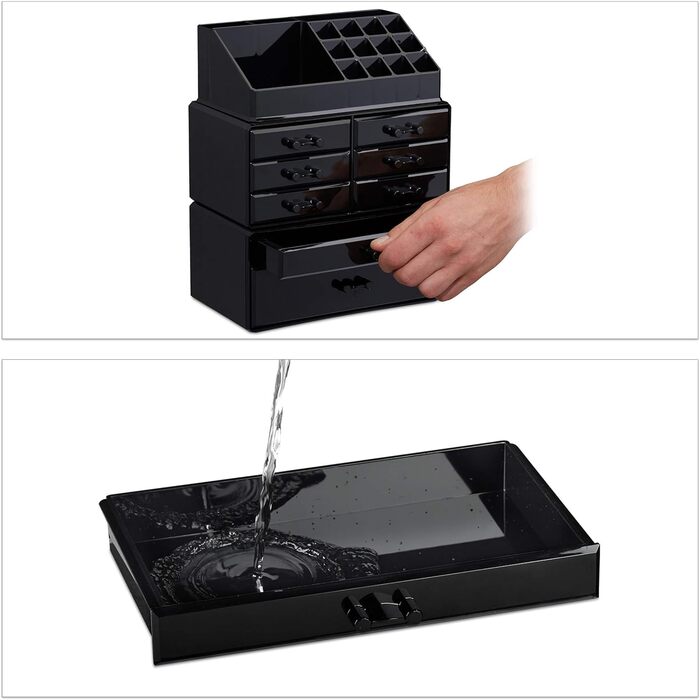 Relaxdays  x Make Up Organizer mit Schubladen, stapelbarer Schmuckkasten für Make Up, Acryl Schminkaufbewahrung,     Stück (1, Schwarz, 1 Stück)